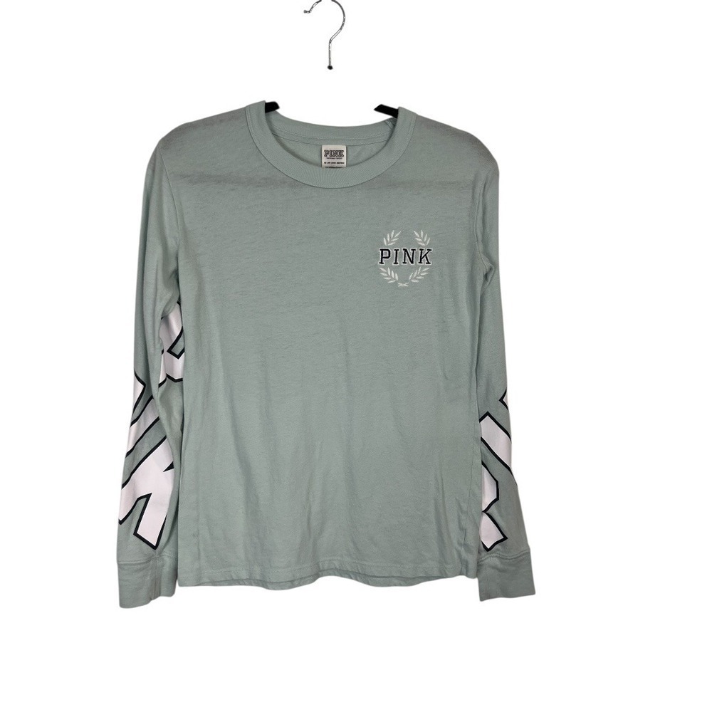 PINK Victoria's Secret Long Sleeve Shirt Crew Neck Mint Green Graphic -Size XS